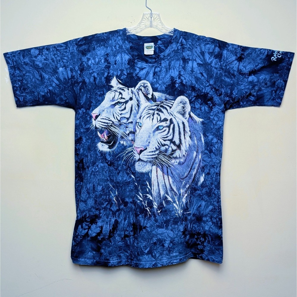 Vintage Rainforest Cafe White Tiger Habitat Blue Tie Dye 90s Shirt Size Large